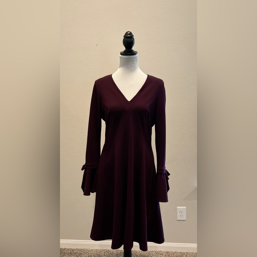 Calvin Klein Tie Bell Sleeve V-neck Aline Dress.